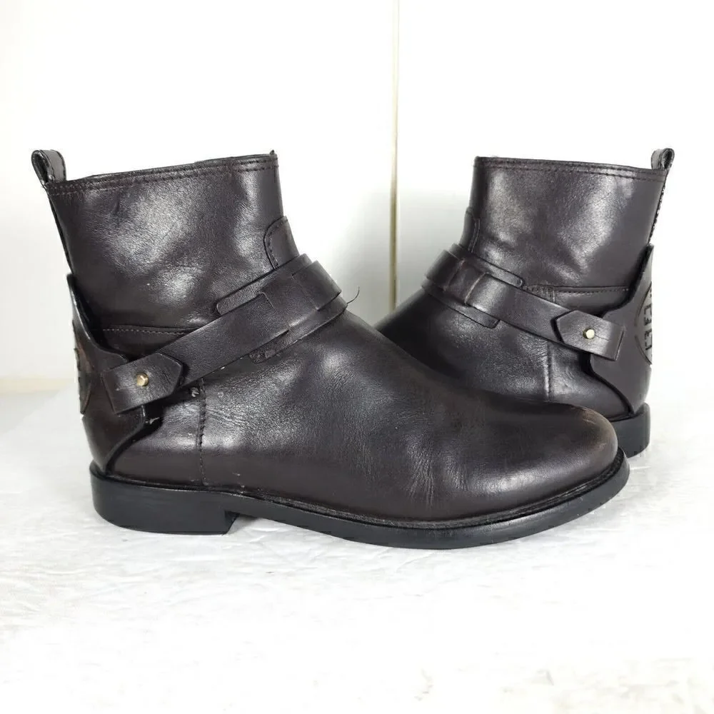 Tory Burch Women's Derby US 6M Brown Leather Flat Ankl Chelsea Bootie Boots
